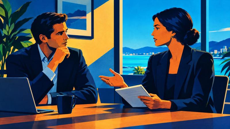 Two coworkers have a measured conversation focused on practical next steps.