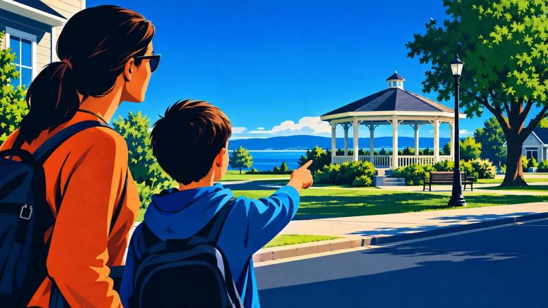 Parent and child identifying a nearby family emergency meeting place.