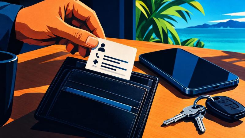 Printed emergency contact card being placed in a wallet beside a phone and keys.